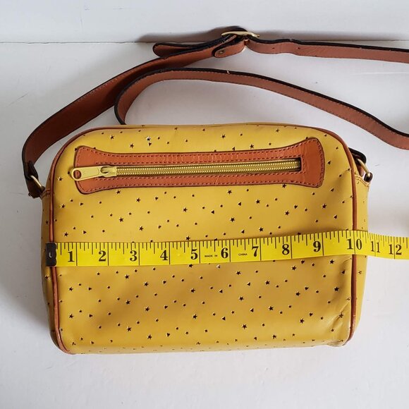Leather VINTAGE ITALIAN Bag 80s Retro Crossbody Boxy Mustard Yellow Tan Brown - Picture 4 of 16